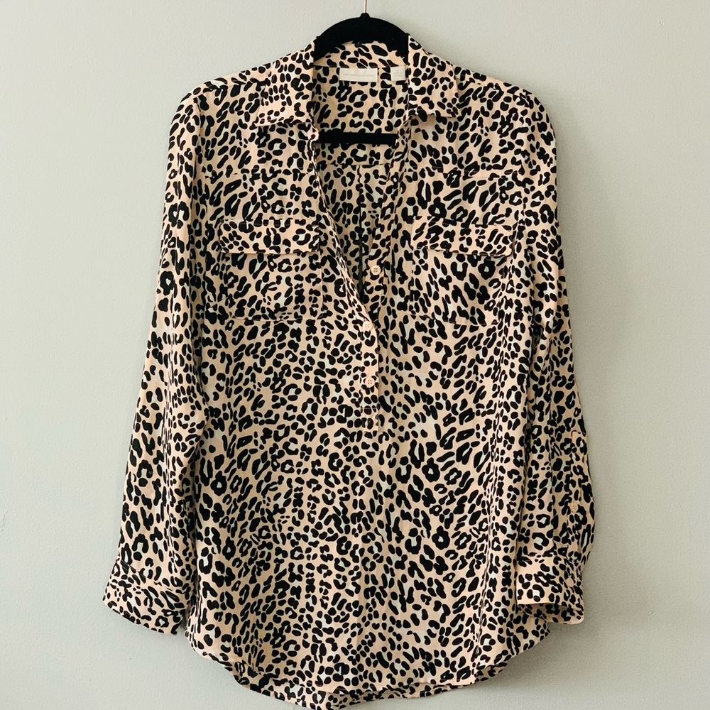 New York and Company Pink Leopard Print button down blouse